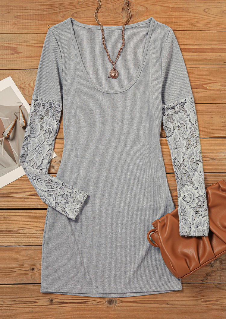 

Bodycon Dresses Lace Splicing O-Neck Knitted Bodycon Dress in Gray. Size