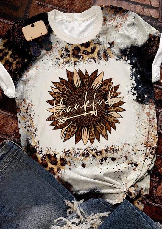 

T-shirts Tees Thankful Leopard Sunflower Bleached T-Shirt Tee in Multicolor. Size