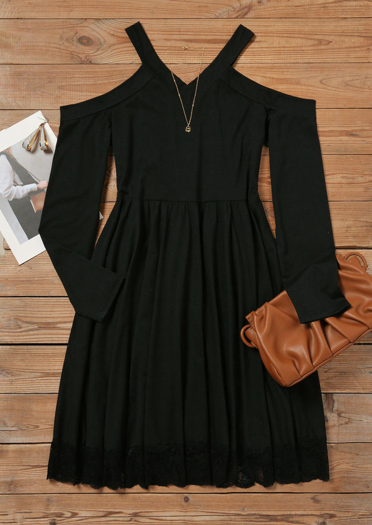 Mini Dresses Lace Splicing Cold Shoulder V-Neck Mini Dress in Black. Size: M