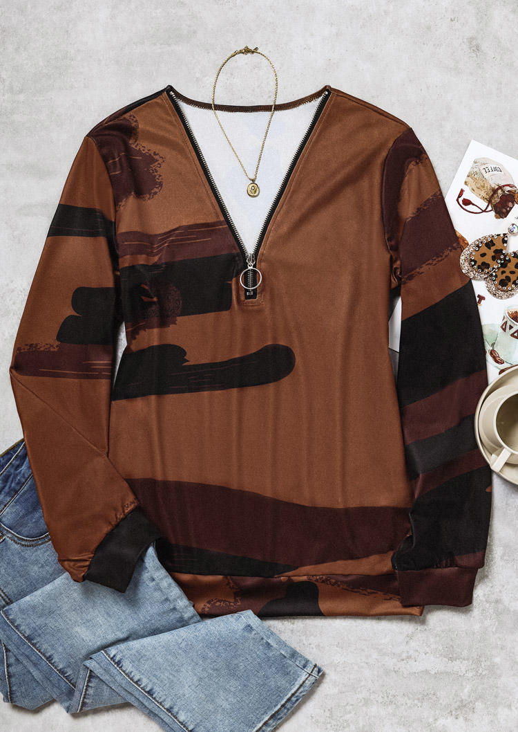 

Sweatshirts Zipper Graffiti Collar Long Sleeve Sweatshirt in Brown. Size