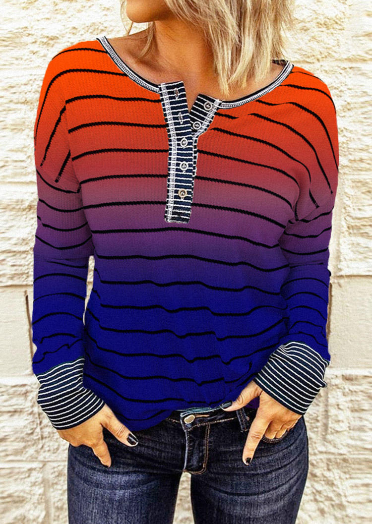 

Blouses Striped Gradient Button Long Sleeve Blouse in Multicolor. Size: L,M,,XL
