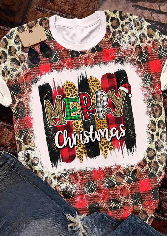 T-shirts Tees Merry Christmas Leopard Plaid Bleached T-Shirt Tee in Multicolor. Size: L,M,XL