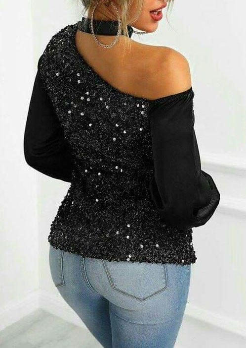 Blouses Sequined One Sided Cold Shoulder Blouse in Black. Size: L,M,S