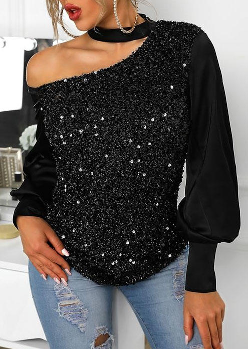 Sequined One Sided Cold Shoulder Blouse - Black