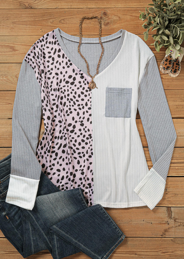 Color Block Leopard Pocket Blouse - Gray