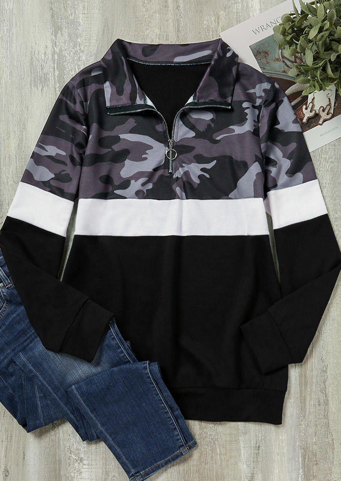 Camouflage Color Block Zipper Collar Sweatshirt