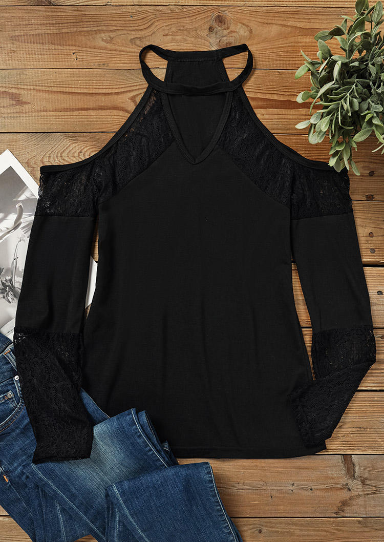 Blouses Lace Splicing Keyhole Neck Blouse in Black. Size: XL