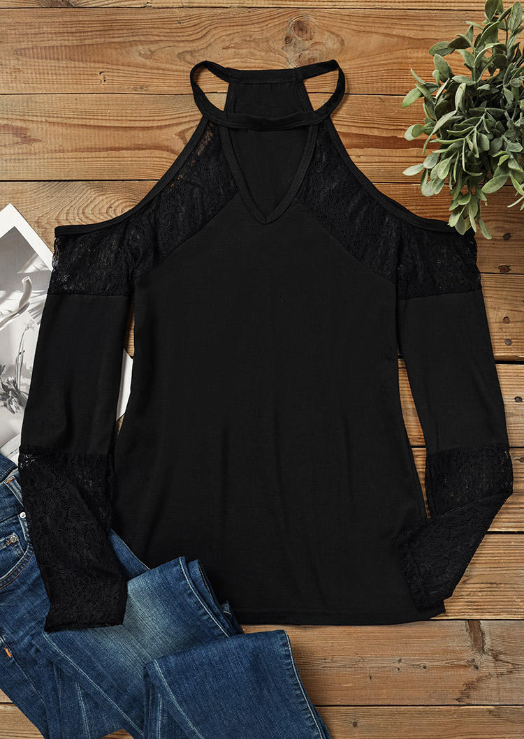 

Blouses Lace Splicing Keyhole Neck Blouse in Black. Size