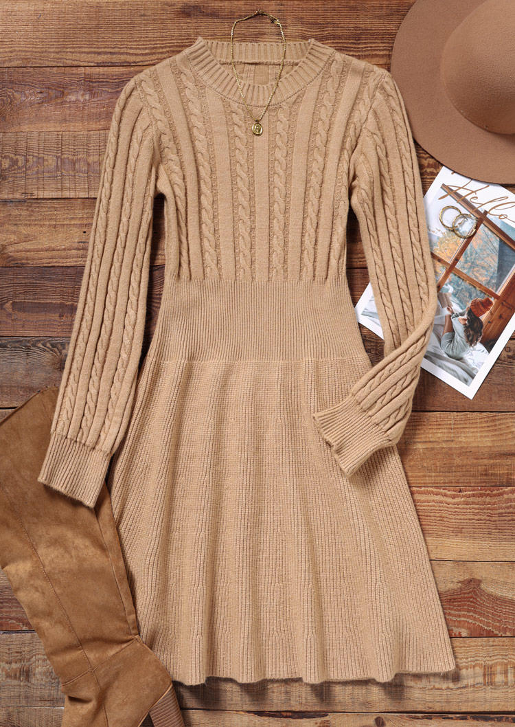 Mini Dresses Knitted Long Sleeve O-Neck Mini Dress in Khaki. Size: One Size
