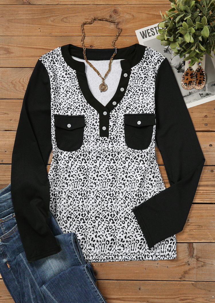 

Blouses Leopard Pocket Button Long Sleeve Blouse in Black. Size