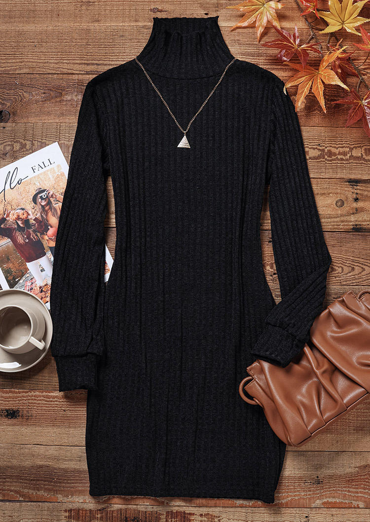 Sweater Dresses Ribbed Turtleneck Long Sleeve Sweater Dress in Black. Size: S