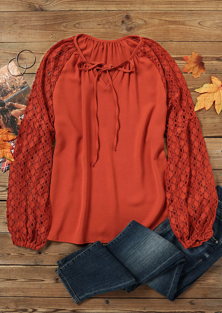 Blouses Lace Splicing Tie Long Sleeve Blouse in Orange. Size: M,XL