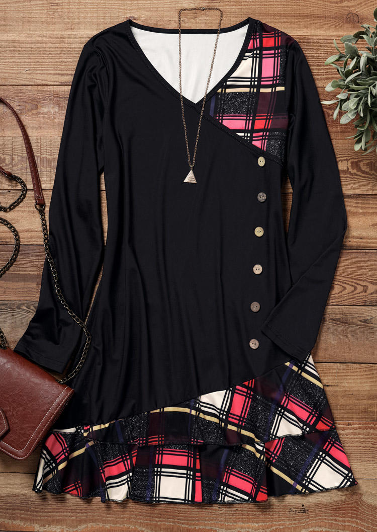 

Mini Dresses Plaid Button Long Sleeve Mini Dress in Black. Size: L