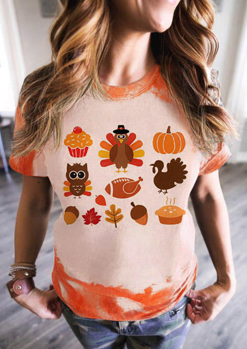 Thanksgiving Turkey Maple Leaf Pumpkin Bleached T-Shirt Tee