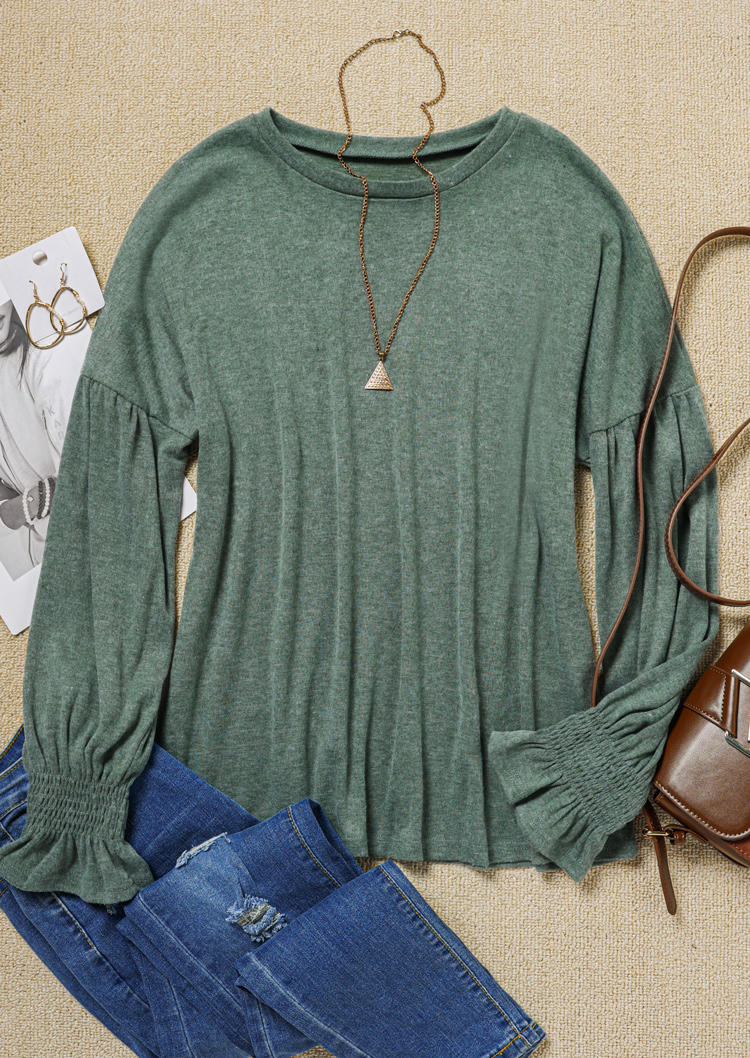 

Blouses Smocked Ruffled Elastic Cuff Blouse in Green. Size