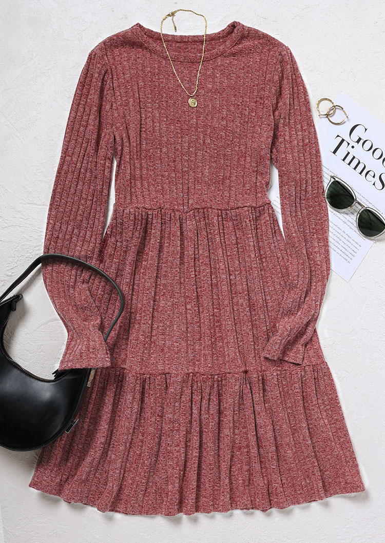 Sweater Dresses Ribbed Ruffled Long Sleeve Sweater Dress in Pink. Size: L,M,S
