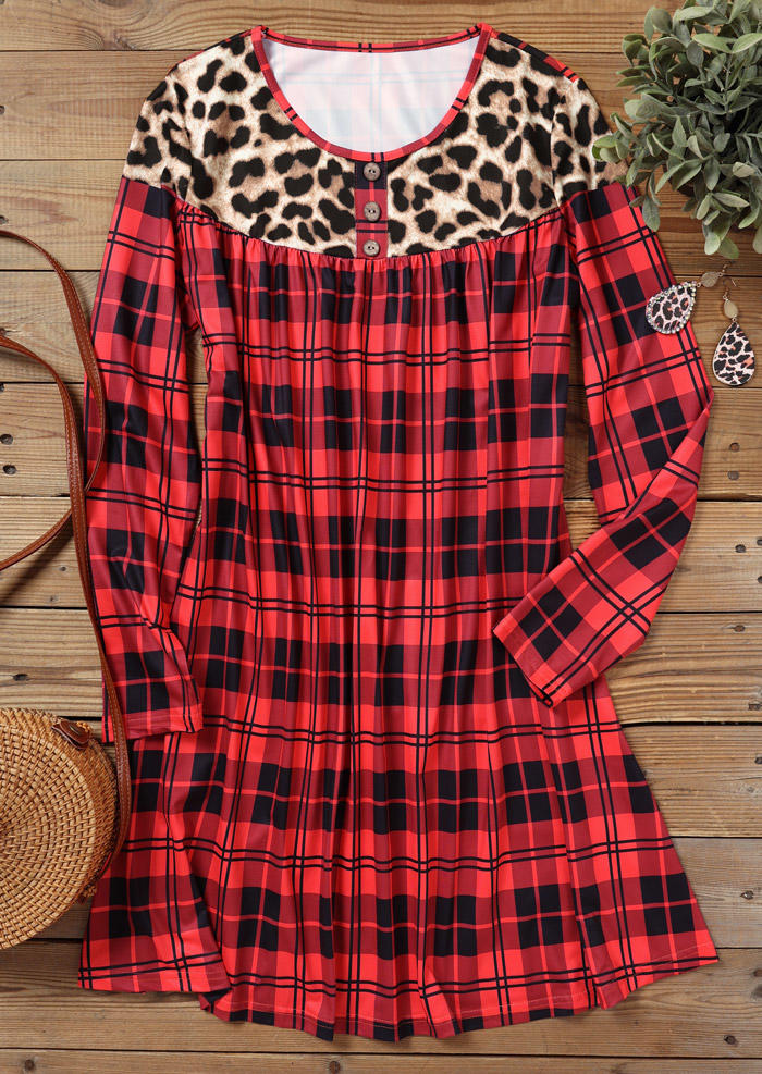 

Mini Dresses Leopard Plaid Button O-Neck Mini Dress in Multicolor. Size: L,M