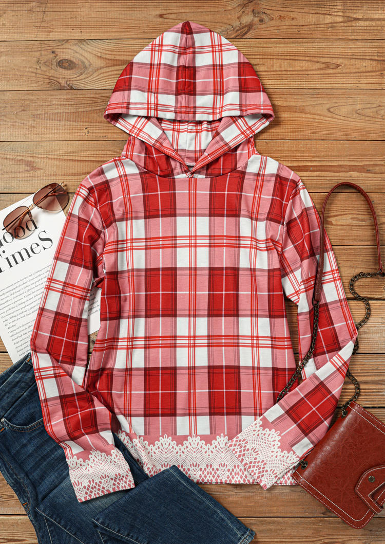 

Hoodies Plaid Thumbhole Long Sleeve Casual Hoodie in Multicolor. Size: ,XL