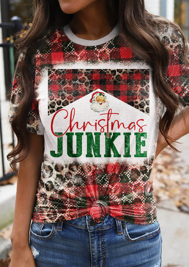 Christmas Junkie Plaid Leopard Bleached T-Shirt Tee
