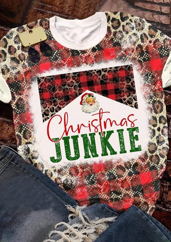 T-shirts Tees Christmas Junkie Plaid Leopard Bleached T-Shirt Tee in Multicolor. Size: M,S