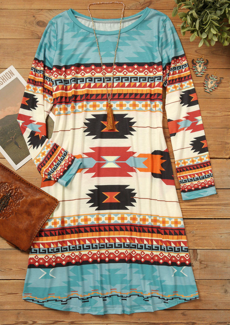 

Mini Dresses Aztec Geometric Long Sleeve O-Neck Mini Dress in Blue. Size: L,M,,XL