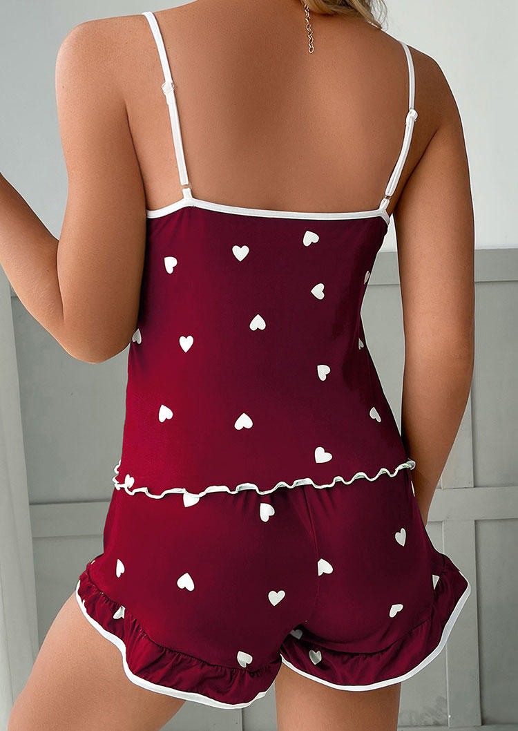 

Sleepwear Heart Ruffled Camisole And Bowknot Shorts Pajamas Set - Burgundy in Red. Size