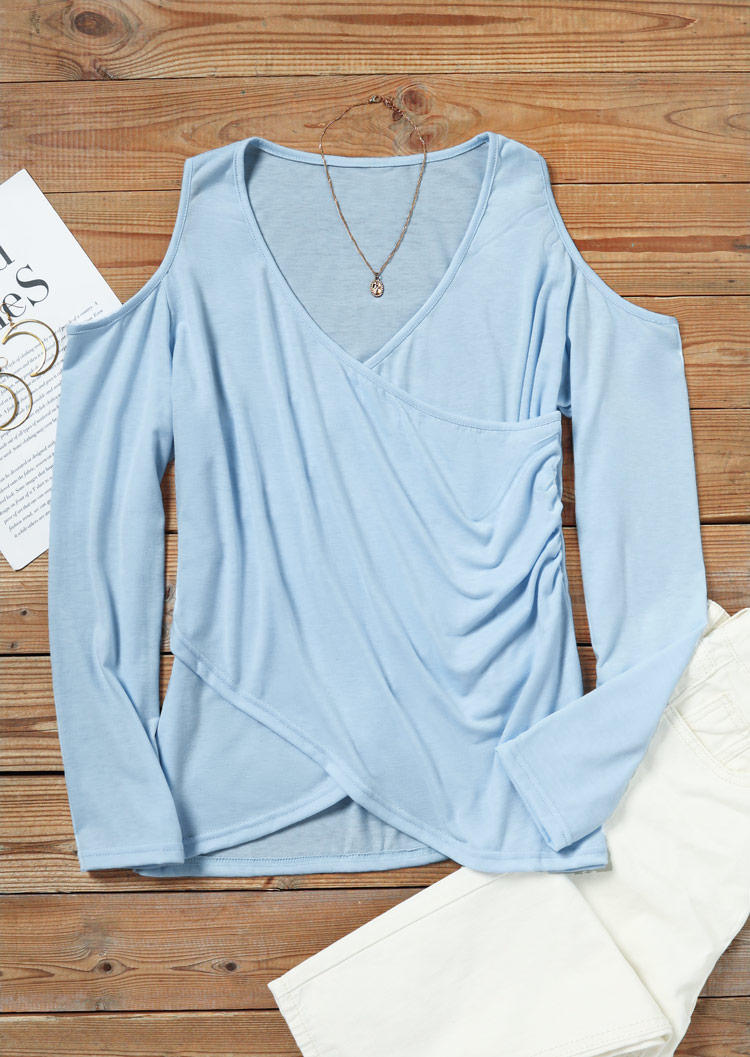 

Blouses Ruched Cold Shoulder Wrap V-Neck Blouse in Blue. Size