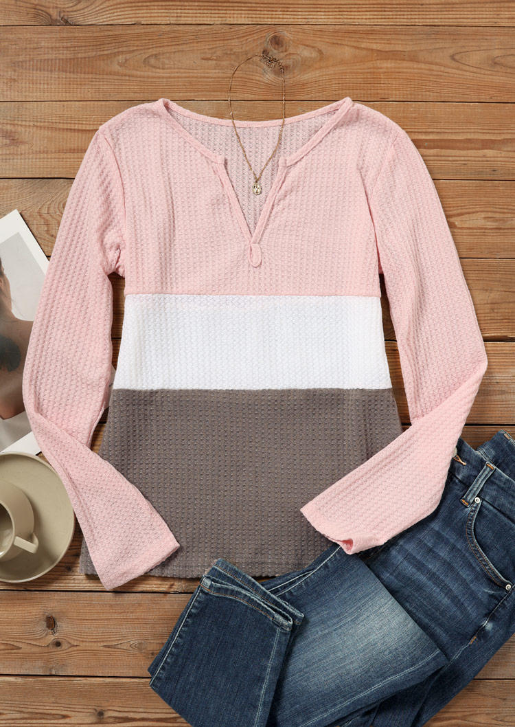 Blouses Color Block Waffle Notched Neck Blouse in Pink. Size: S