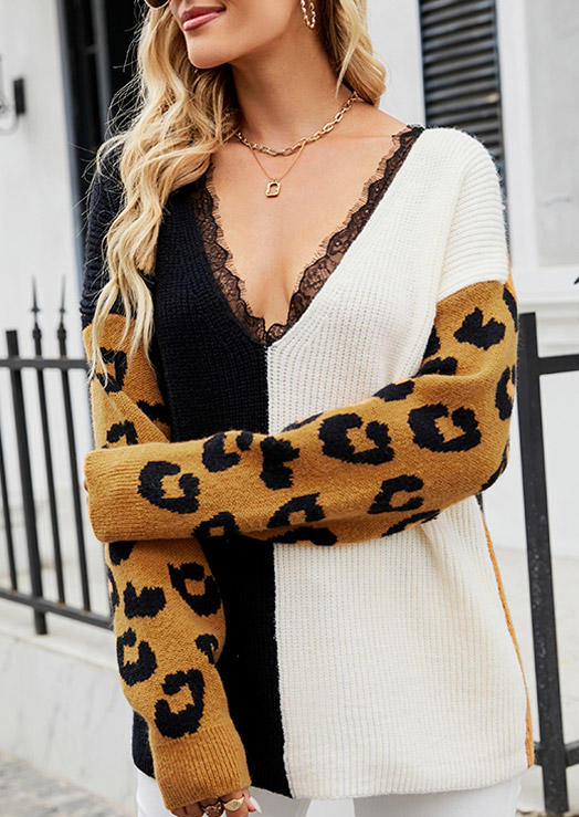 

Sweaters Leopard Color Block Lace Splicing Drop Shoulder Sweater in Multicolor. Size: M,,XL