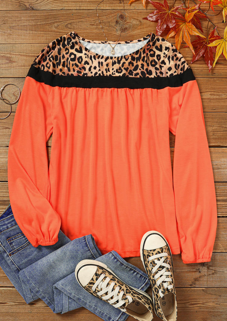 Blouses Leopard Color Block Ruffled Long Sleeve O-Neck Blouse in Orange. Size: L,M,S