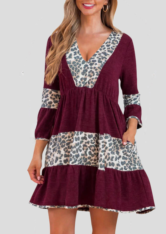 Leopard Color Block Ruffled Pocket V-Neck Mini Dress - Red