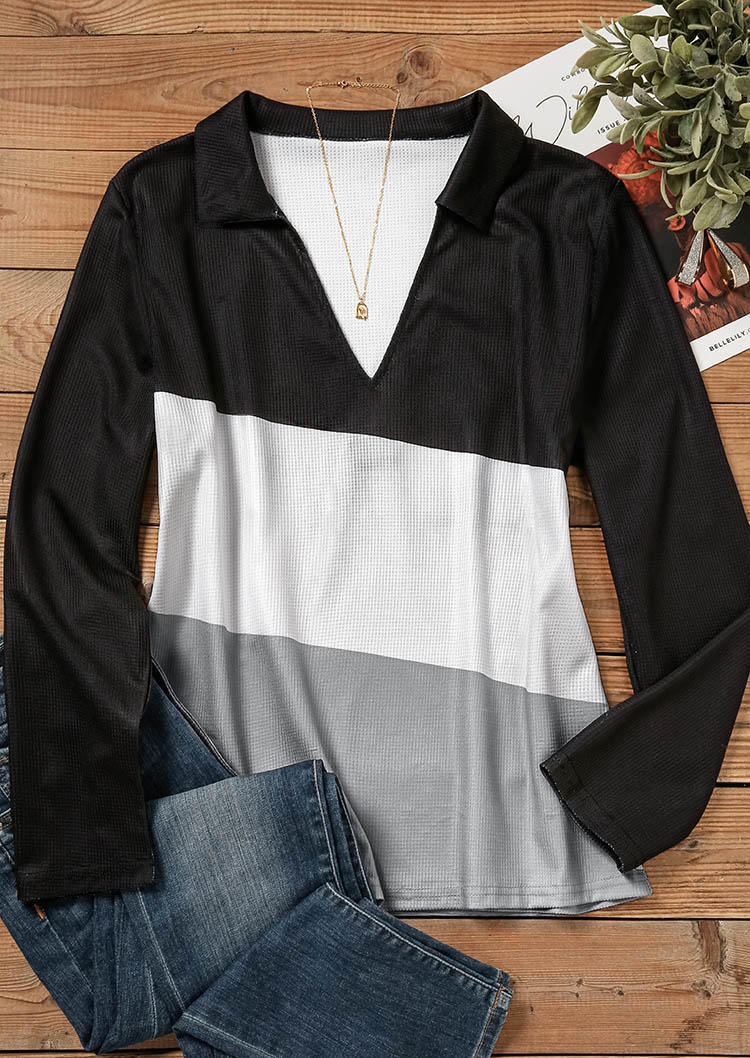 

Blouses Color Block V-Neck Long Sleeve Blouse in Multicolor. Size