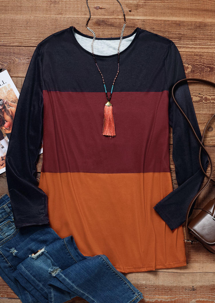 

Blouses Color Block Long Sleeve O-Neck Blouse in Multicolor. Size