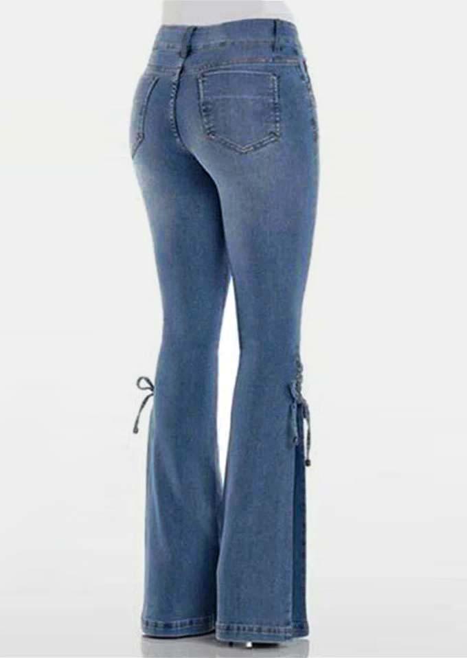 Pocket Button Zipper Lace Up Denim Flare Pants - Blue