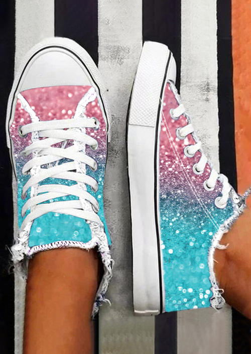 

Sneakers Gradient Glitter Frayed Lace Up Flat Sneakers in Multicolor. Size