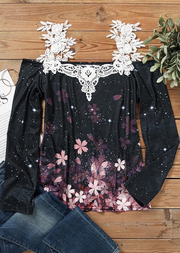 

Blouses Lace Splicing Cherry Blossoms Cold Shoulder Blouse in Multicolor. Size: L