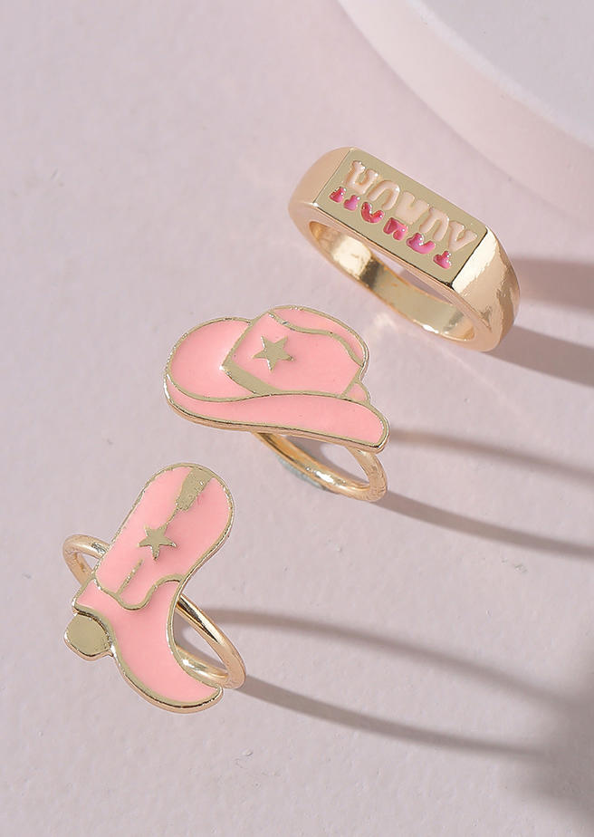 Rings 3Pcs Howdy Hat Star Ring Set in Pink. Size: One Size