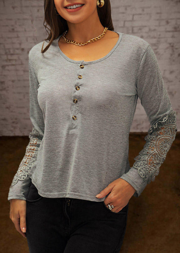 Blouses Lace Splicing Button Long Sleeve Blouse in Gray. Size: M
