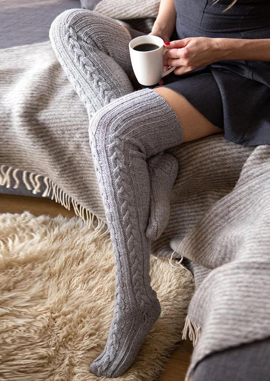Knee-High Socks Soft Warm Over Knee Crocheted Knitted Socks in Gray,White. Size: One Size