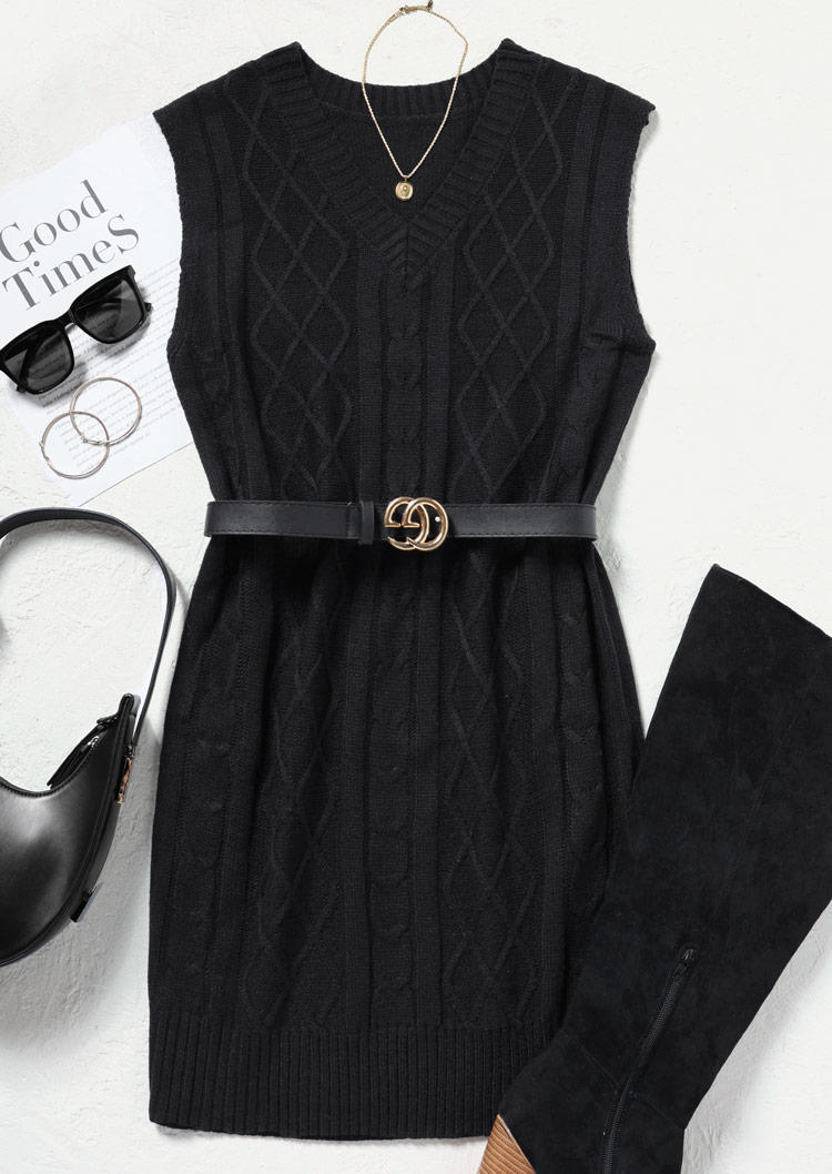 

Sweater Dresses Knitted V-Neck Vest Sweater Dress without Shirt in Black. Size: L,M