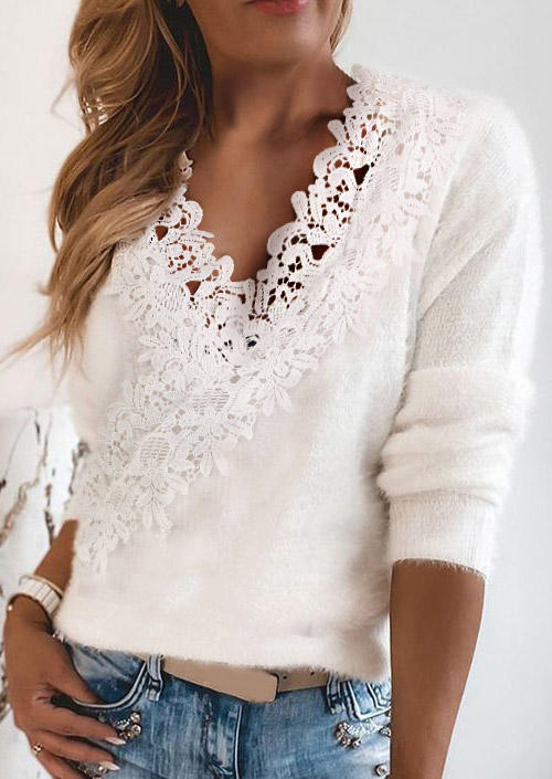 

Sweaters Lace Splicing Drop Shoulder Sweater in White. Size