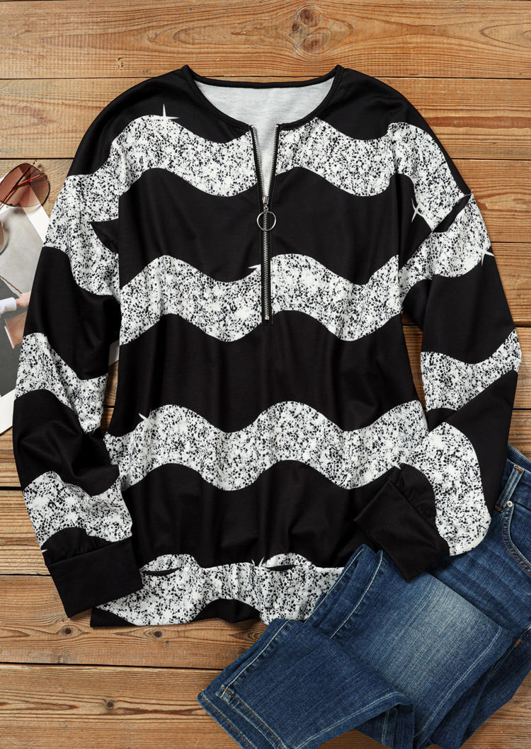 

Sweatshirts Color Block Striped Glitter Zipper Sweatshirt in Black. Size