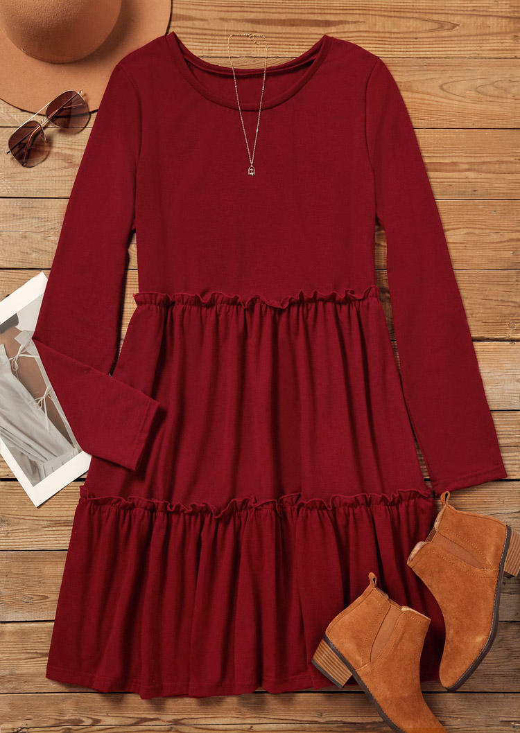 Mini Dresses Ruffled Long Sleeve O-Neck Mini Dress - Burgundy in Red. Size: S,XL