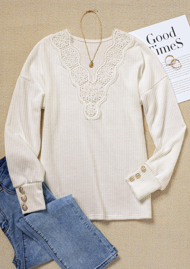 

Sweaters Lace Splicing Button Sweater in White. Size