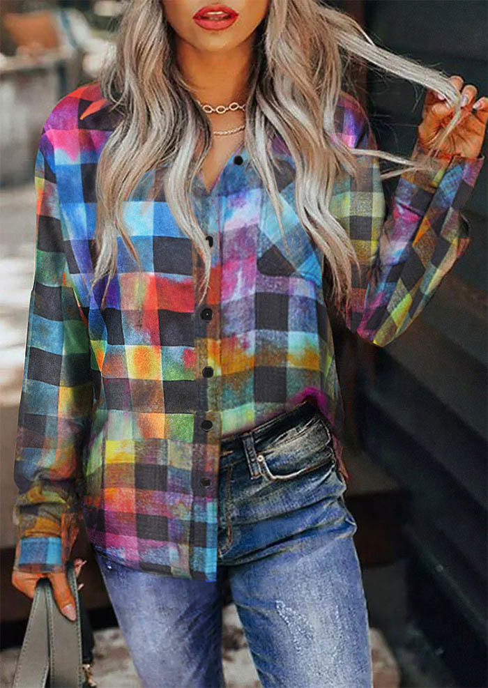 

Shirts Colorful Plaid Pocket Button Long Sleeve Shirt in Multicolor. Size