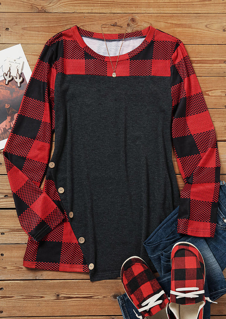 

Blouses Plaid Button Long Sleeve O-Neck Blouse in Red. Size: ,XL