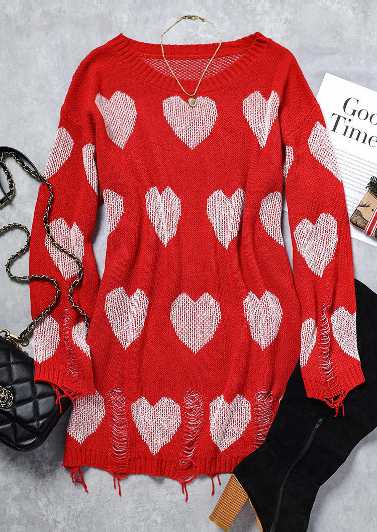 

Sweater Dresses Hollow Out Hole Heart Sweater Dress in Red. Size: L,,XL