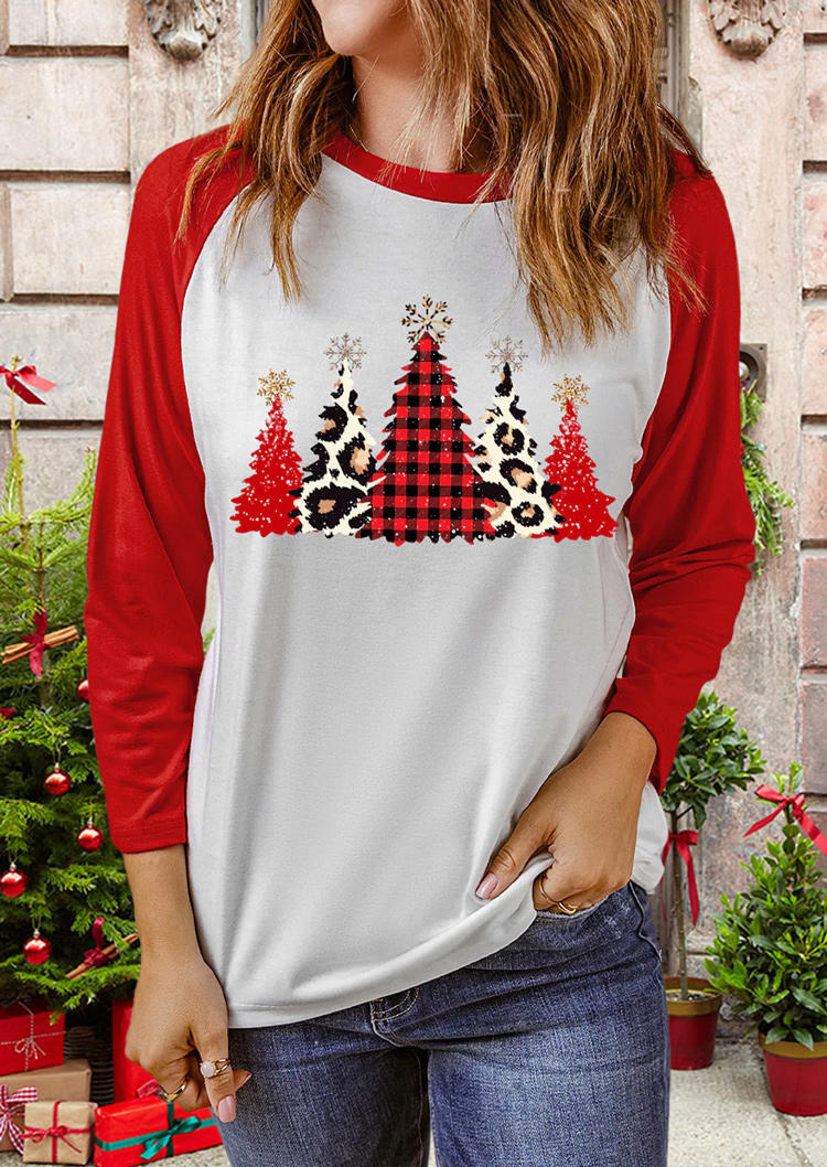 T-shirts Tees Christmas Plaid Leopard Tree T-Shirt Tee in Red. Size: L,M,S