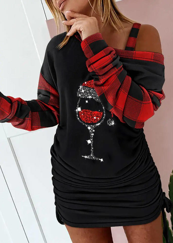 

Mini Dresses Christmas Hat Wine Glass Plaid Glitter Drawstring Mini Dress in Black. Size: L,M,,XL