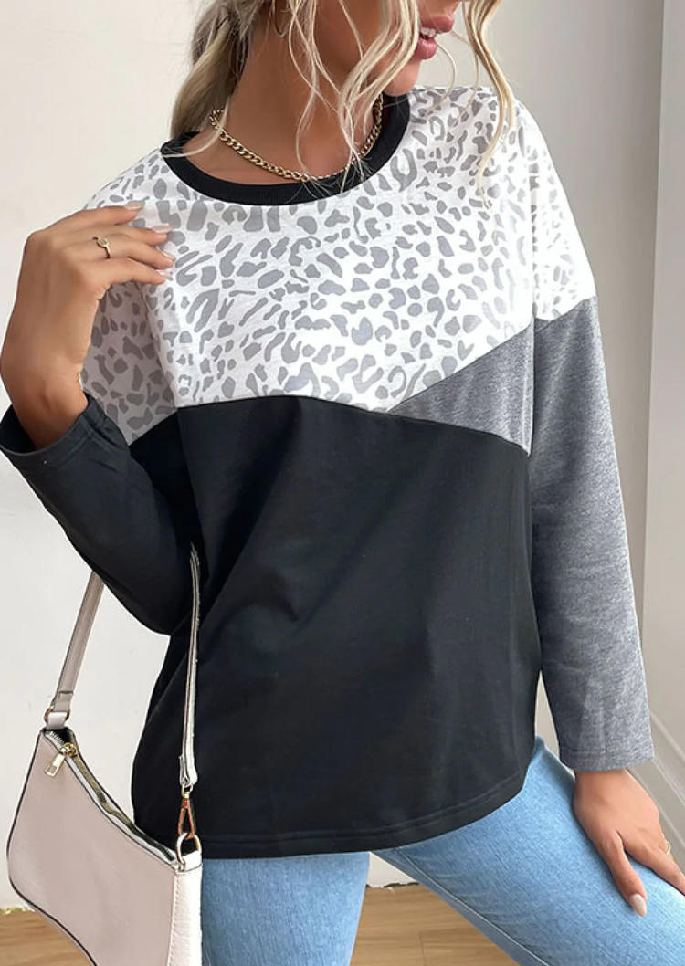 

Blouses Leopard Color Block Long Sleeve Blouse in Multicolor. Size